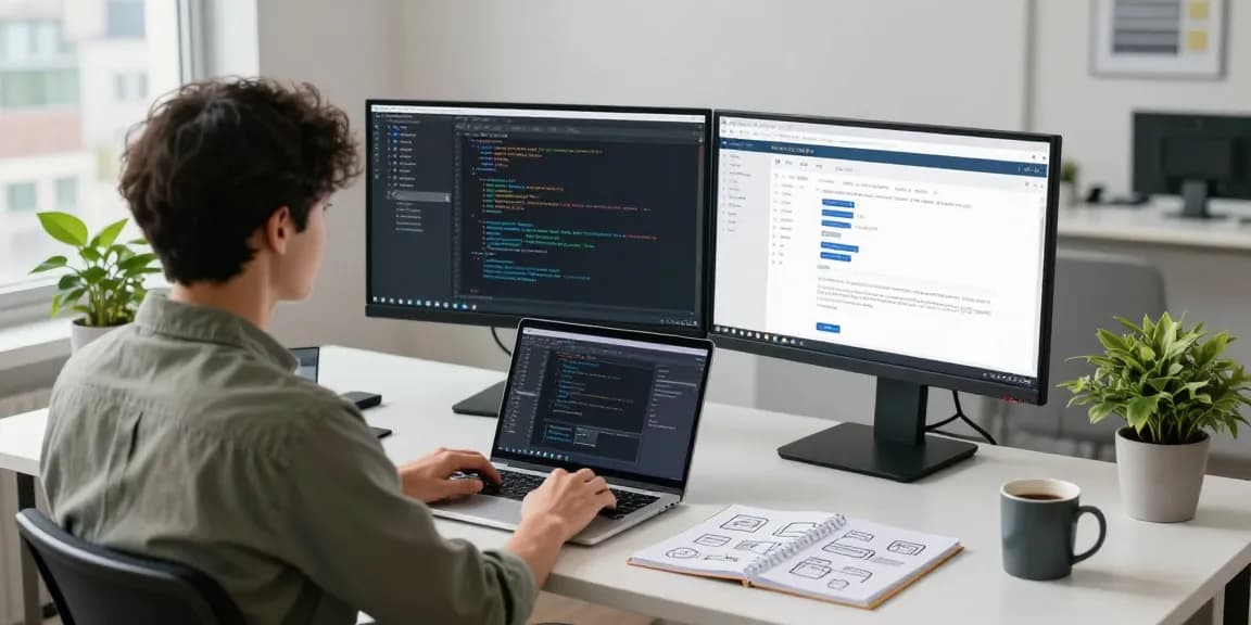 Interactive workspace showcasing a developer using 纸飞机中文版 in a tech office setup.