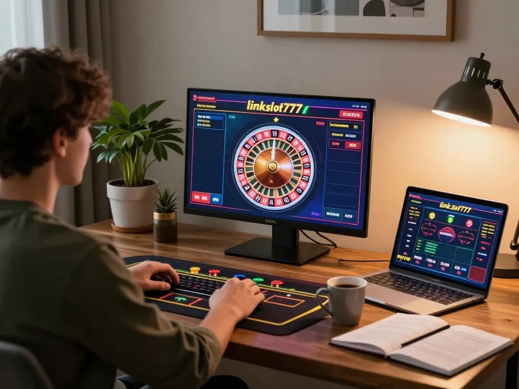 Engaging in live dealer gameplay with link slot777 on a laptop, showcasing personal gaming setup.