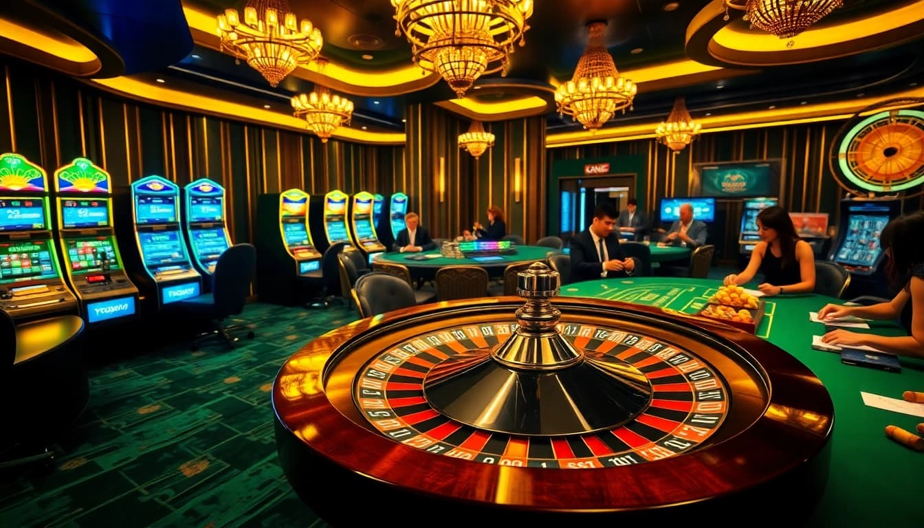 Togelsumo casino menampilkan adegan judi mewah dengan mesin slot, meja poker, dan rolet.