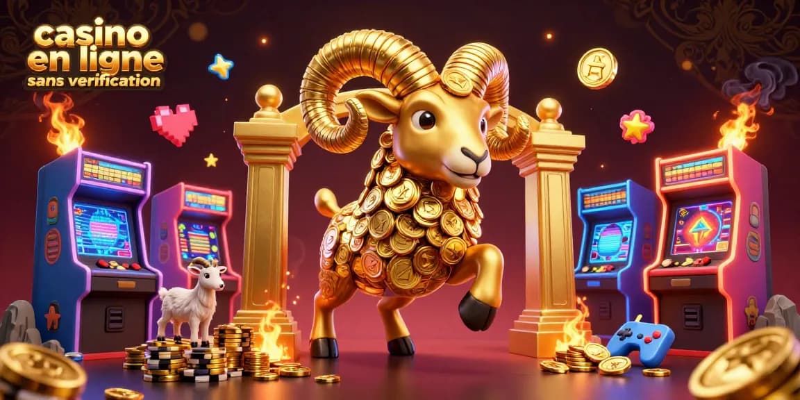 Casino en ligne sans vérification : illustration 3D d'un bélier doré chargeant à travers des machines à sous colorées