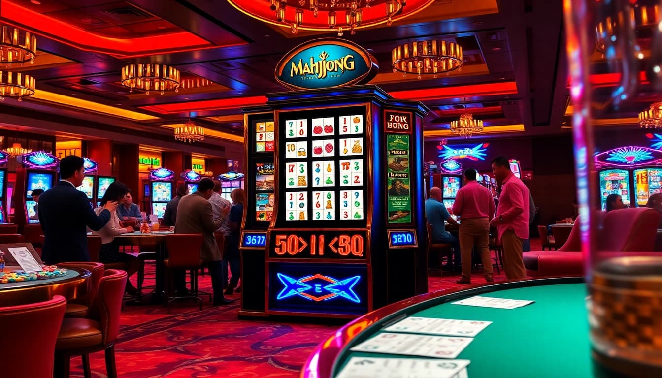 Adegan penuh aksi menampilkan mesin slot demo Mahjong di sebuah kasino yang meriah.