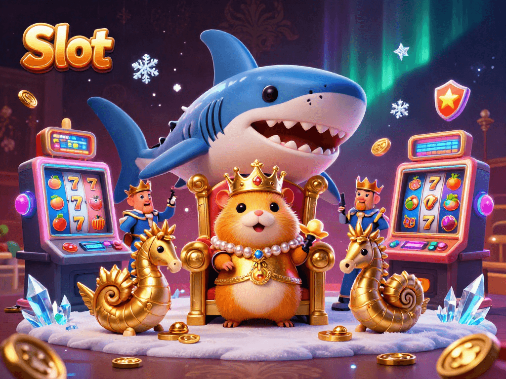 Spin the Slot reels in a vibrant 3D scene featuring a golden hamster king and gaming symbols.