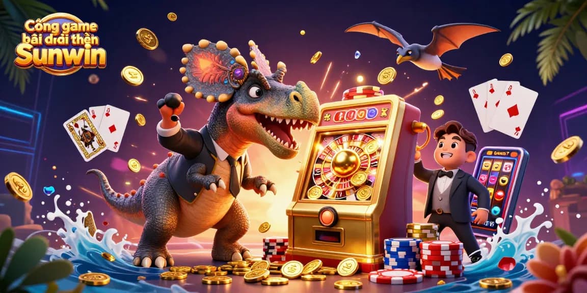 Cổng game bài đổi thưởng Sunwin image showcasing an animated dinosaur celebrating jackpot wins while coins cascade around the casino.