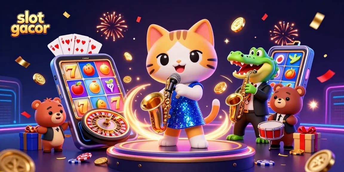 Experience the excitement of slot gacor with vibrant characters enjoying casino games, bursting with energy and fun.