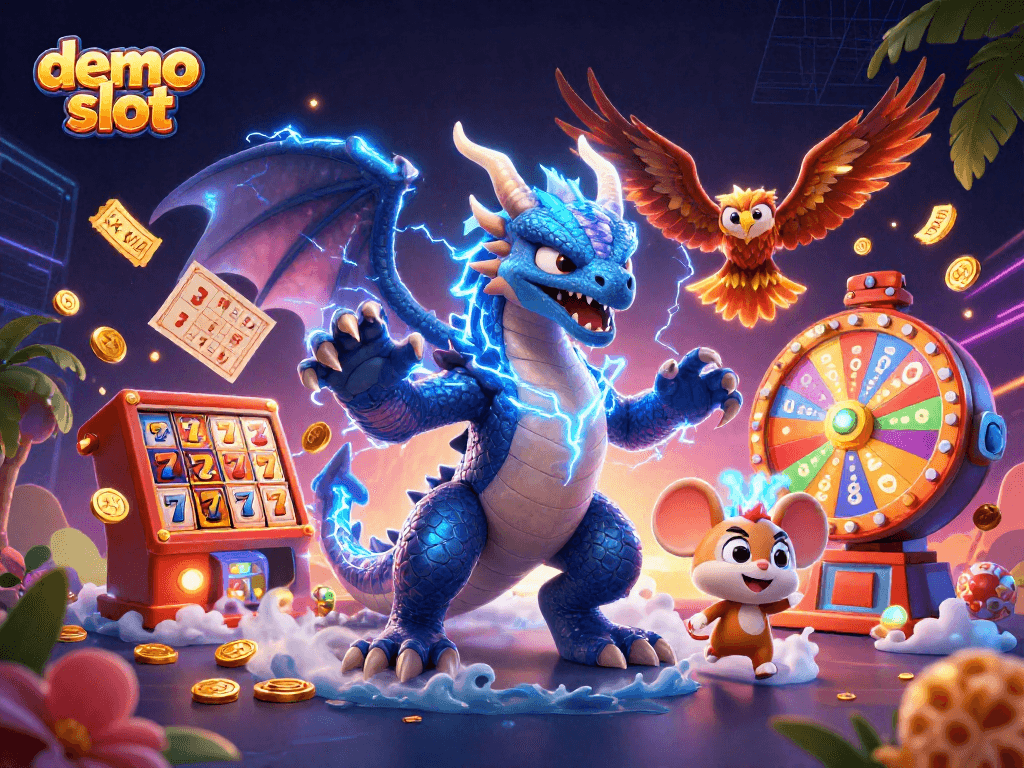 Mencoba demo slot di Gacor123 dengan simbol jackpot dan koin emas terbang di sekitar karakter dramatis.