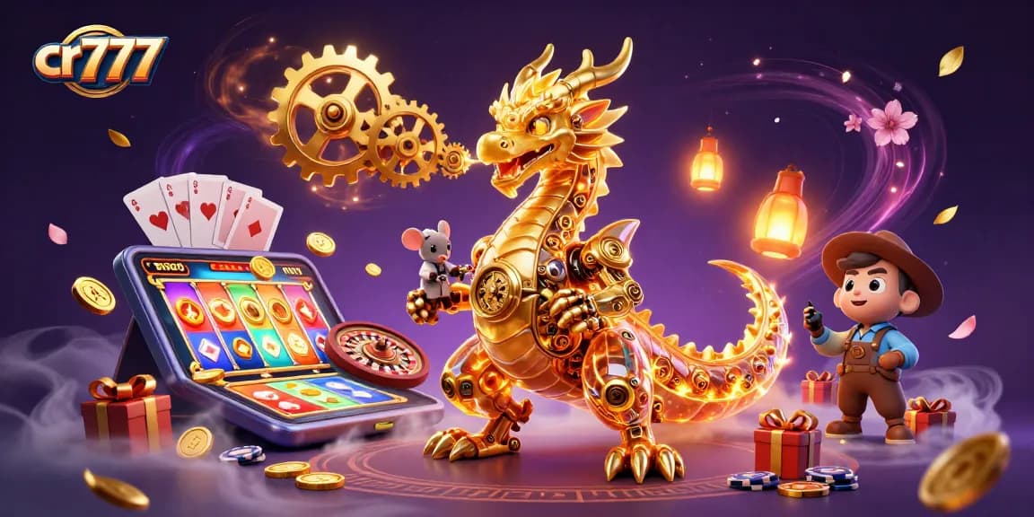Putar slot menarik di cr777 dengan naga emas dan mouse teknisi dalam suasana kasino yang memikat