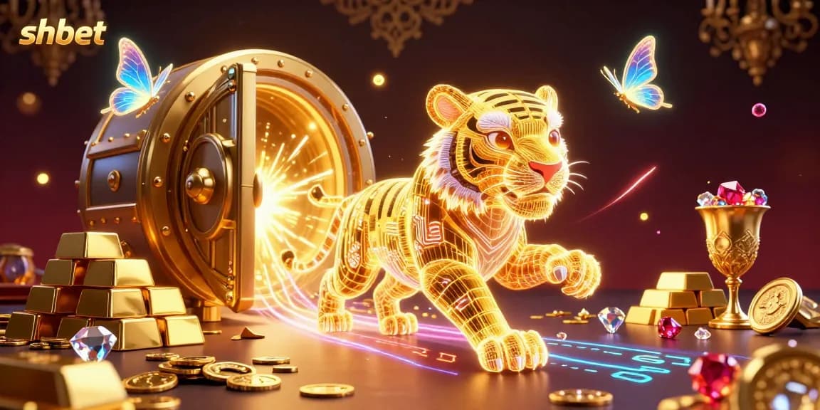 Experience the vibrancy of shbet with a neon tiger in a dazzling digital casino, surrounded by treasures.