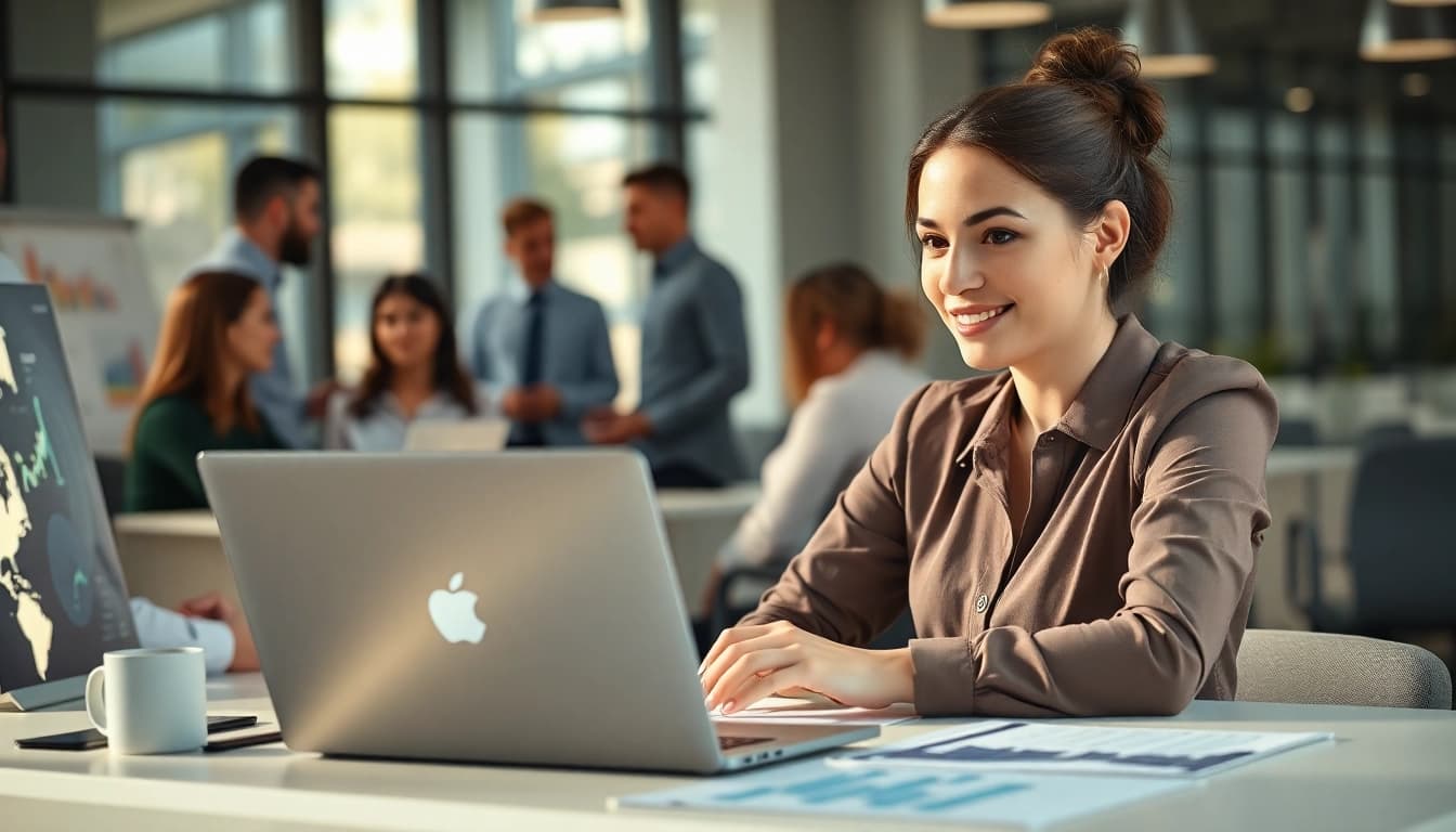 AI assistant for enterprise teams assisting in a vibrant office, fostering collaboration and productivity.