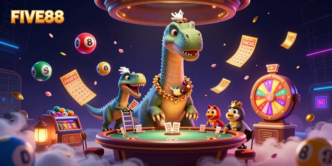 Experience the vibrancy of FIVE88 casino action with a whimsical brontosaurus and dynamic game elements.