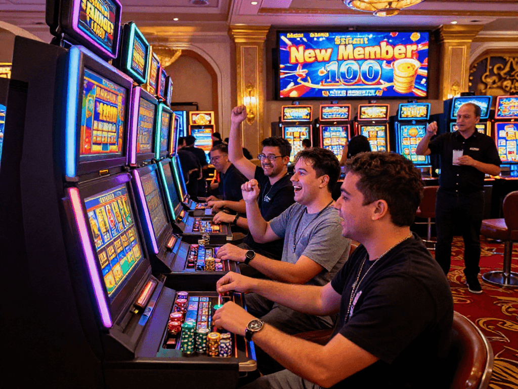 Slot bonus new member 100 celebrated amid joyful casino players enjoying vibrant slot machines and promotions.