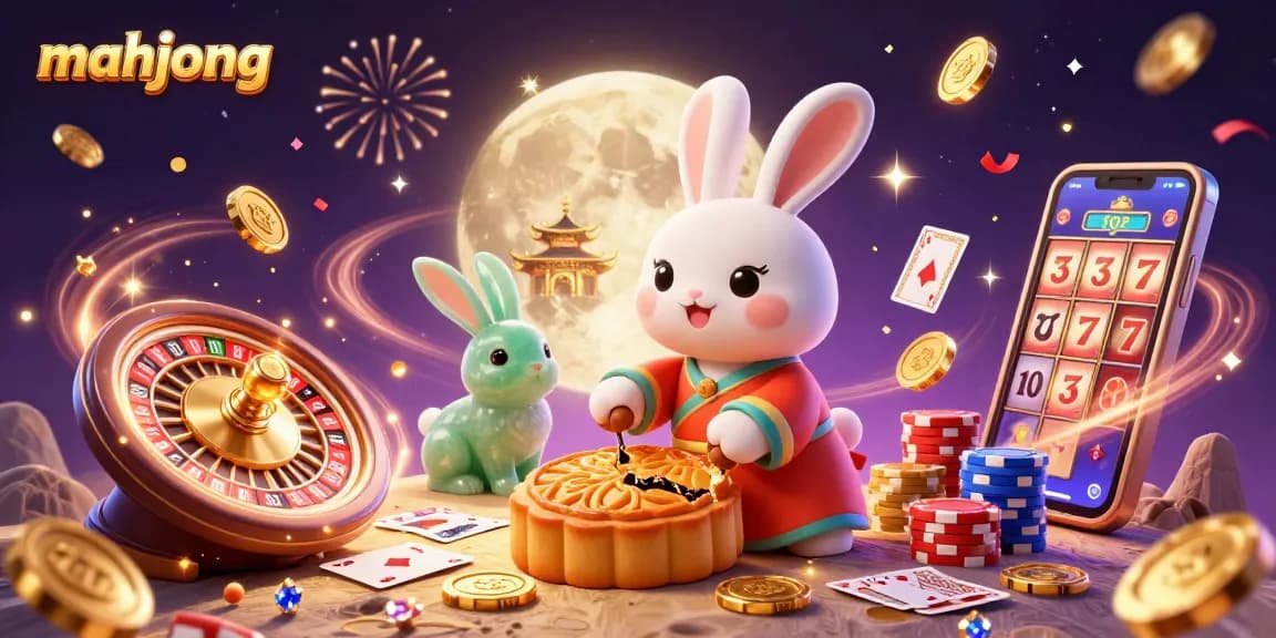 Play mahjong with a festive 3D illustration showing a moon rabbit, golden coins, and casino elements.