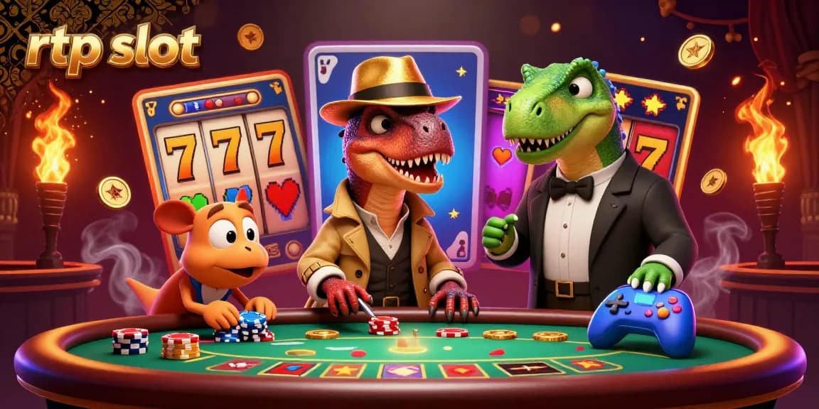 Engage with the thrilling rtp slot scene, featuring a velociraptor card counter at a blackjack table surrounded by casino elements.