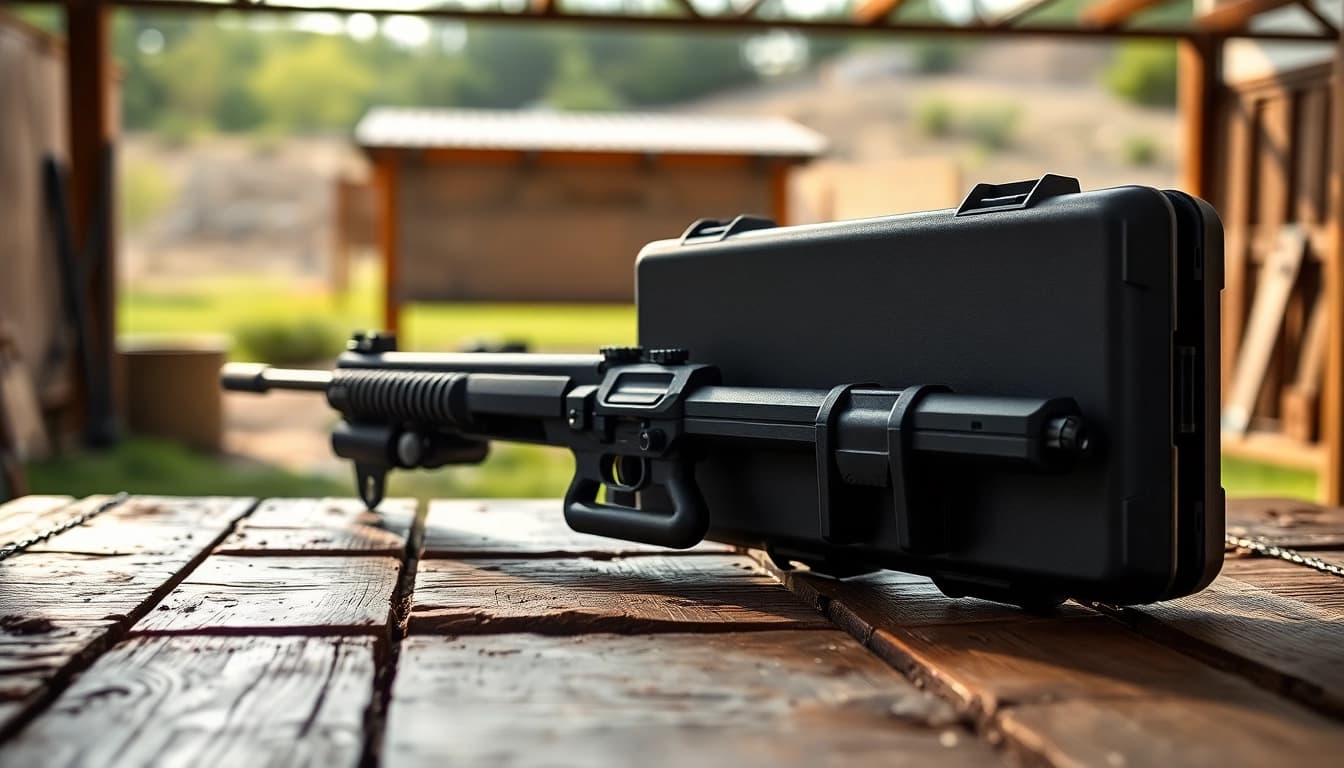 Securely lock your firearm in a durable pelican rifle case on a rustic table.