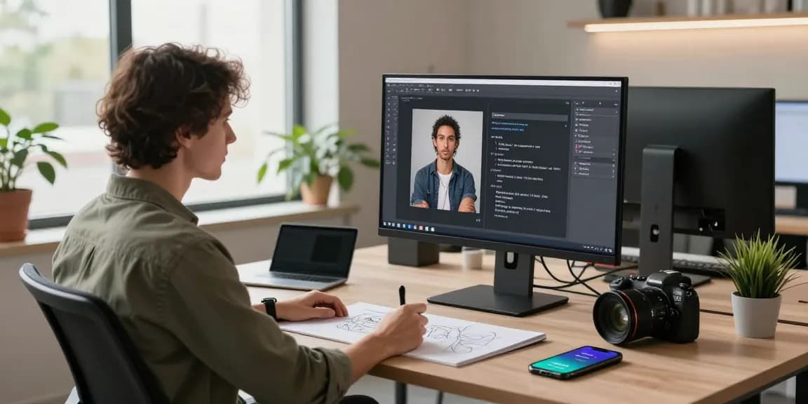 Creative designer generating AI prompt images in a bright workspace