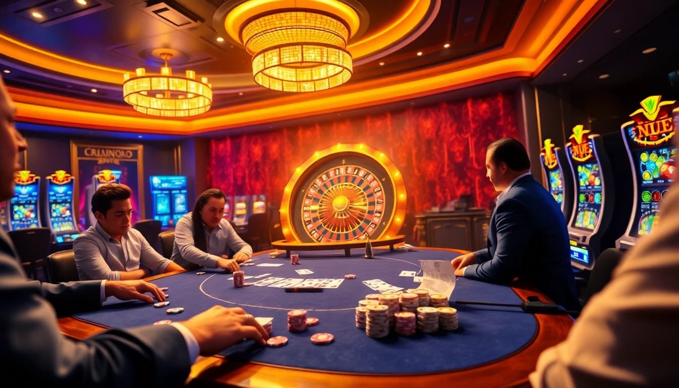 Action à une table de casino en ligne luxueuse avec des jetons de poker, des cartes et une roulette, mettant en avant casino en ligne argent réel France.