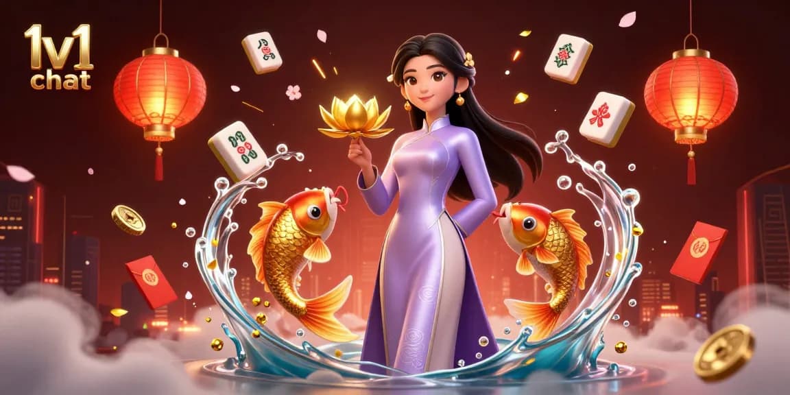 Engage in a vibrant 1v1 chat experience featuring a stunning Asian woman and lively koi fish amidst glowing casino elements.