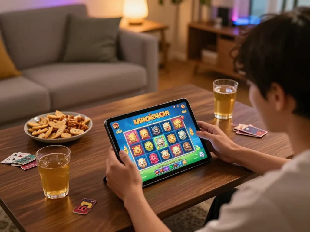 Engaging in slot Mahjong on a tablet during a cozy gaming session at home with snacks