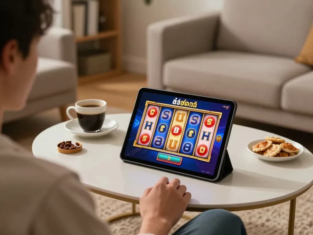 Engaging in สล็อตทดลอง online gaming with colorful reels on a tablet, cozy home atmosphere.