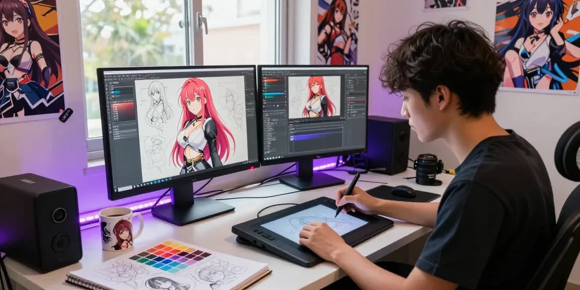 Creative artist designing ai ecchi characters in a vibrant digital art studio