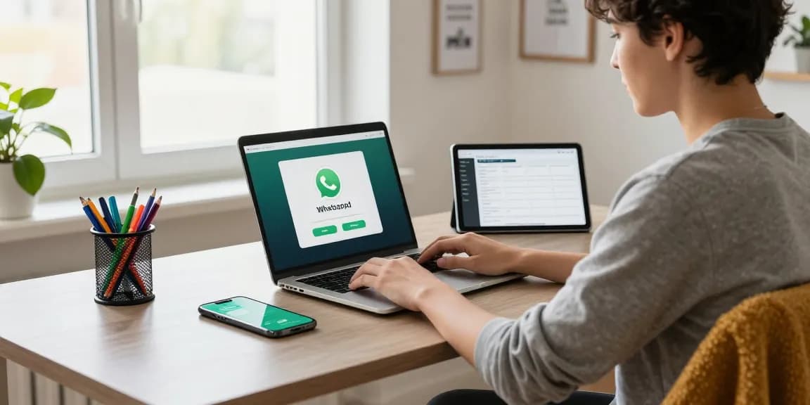 Professional using WhatsApp電腦版 in a modern home office, showcasing a productive workspace.