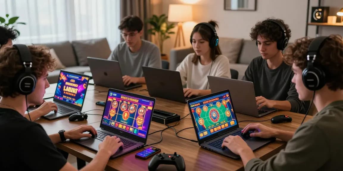 Players engaged in exciting non UKGC casinos in a lively gaming lounge.