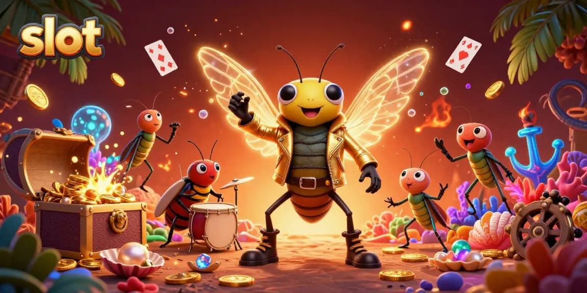 Slot gacor dengan cicada rock star, peti harta karun penuh koin emas di latar belakang.