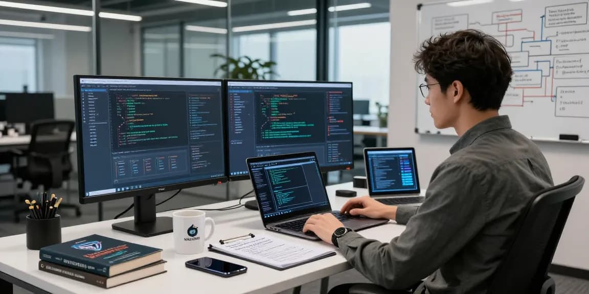 Cybersecurity analyst at NAGA2000 workspace analyzing threats and network data.