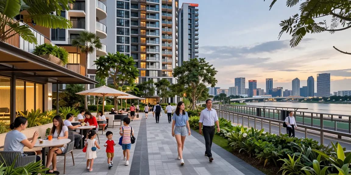 Tanjong Rhu Residences showcasing modern urban living with families enjoying community spaces and waterfront views.