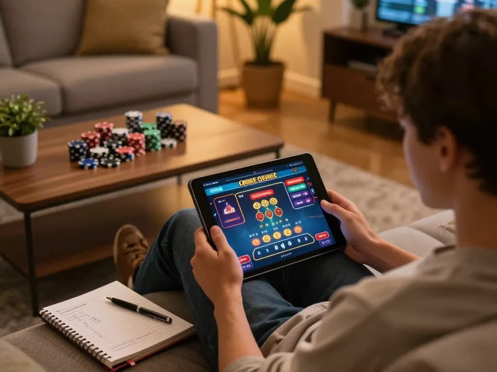 Engaging gameplay scene at casino non aams con neteller on a tablet, cozy home atmosphere.