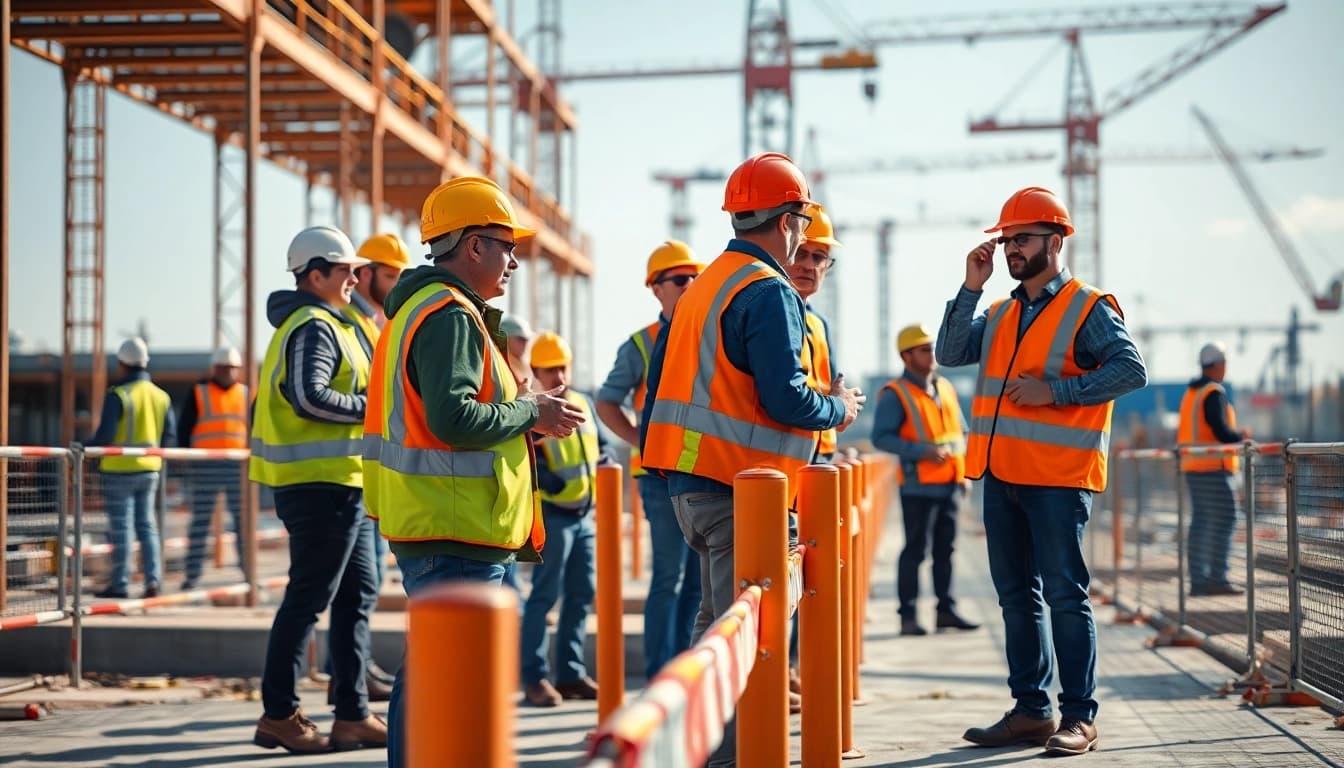Workers demonstrating construction site safety by inspecting equipment and safety measures.