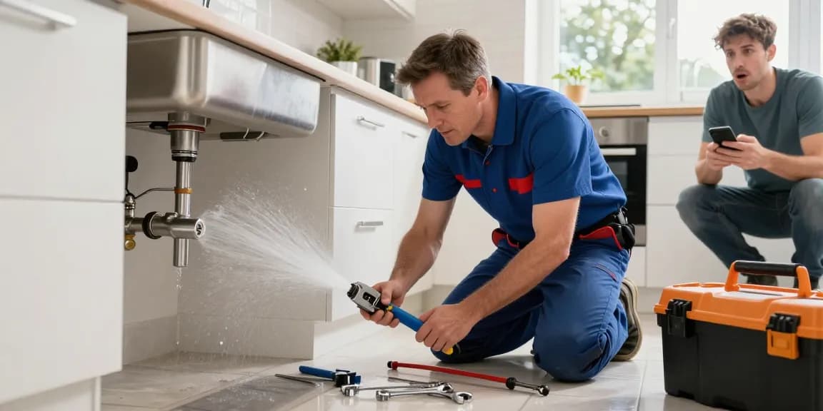 Urgent plumber in Leighton Buzzard fixing a severe kitchen leak amid tools and water spray.