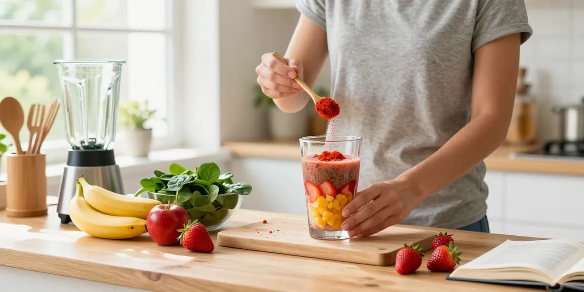 Healthy smoothie preparation with vegan astaxanthin ingredients in a bright kitchen.