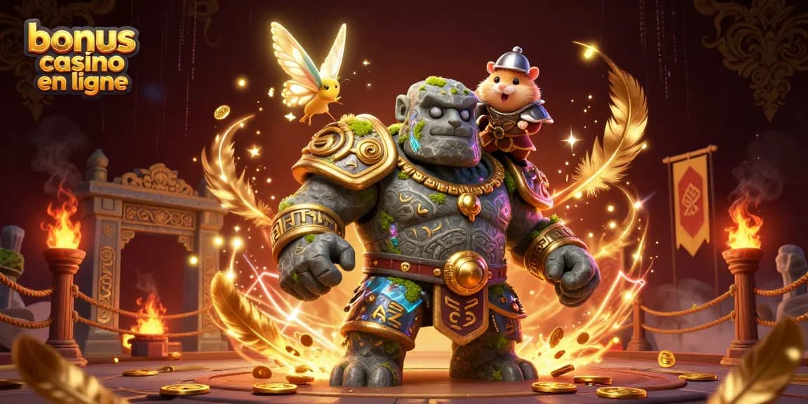 Bonus de casino en ligne avec un golem, une fée et un chevalier en action