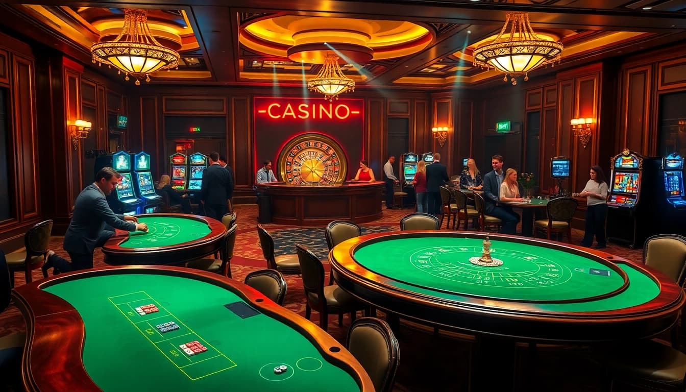 Scène engageante de casino en ligne argent réel France mettant en vedette une table de blackjack animée et une roue de roulette.
