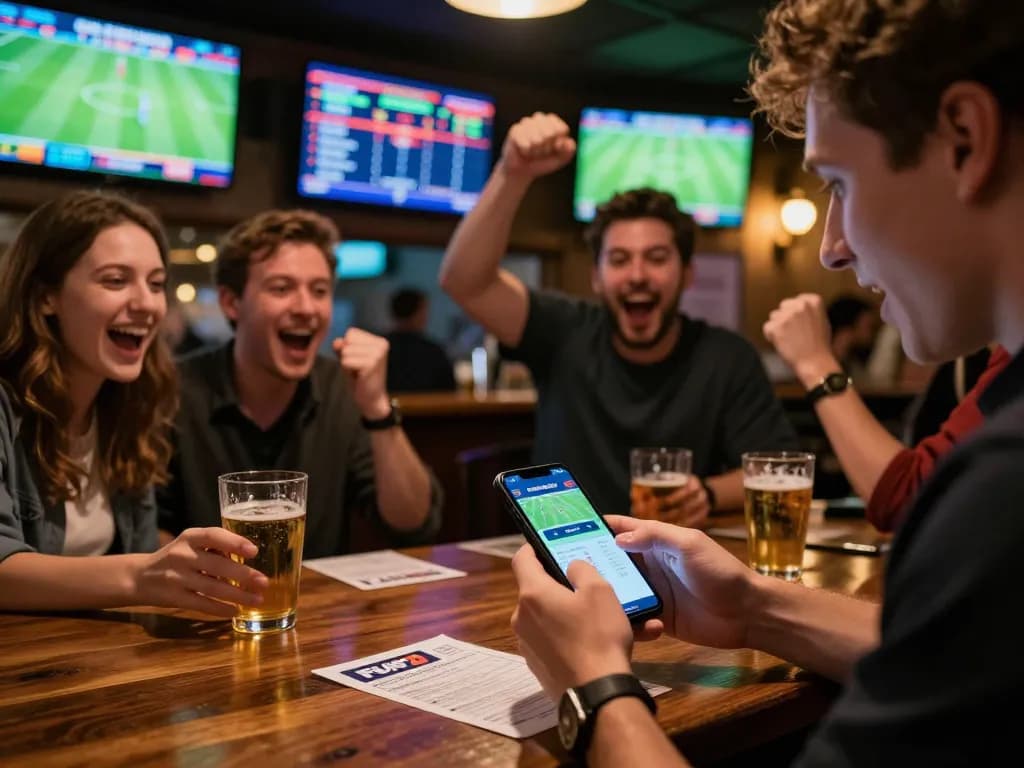 Excited bettors using the FUN79 bet app in a lively sports bar.