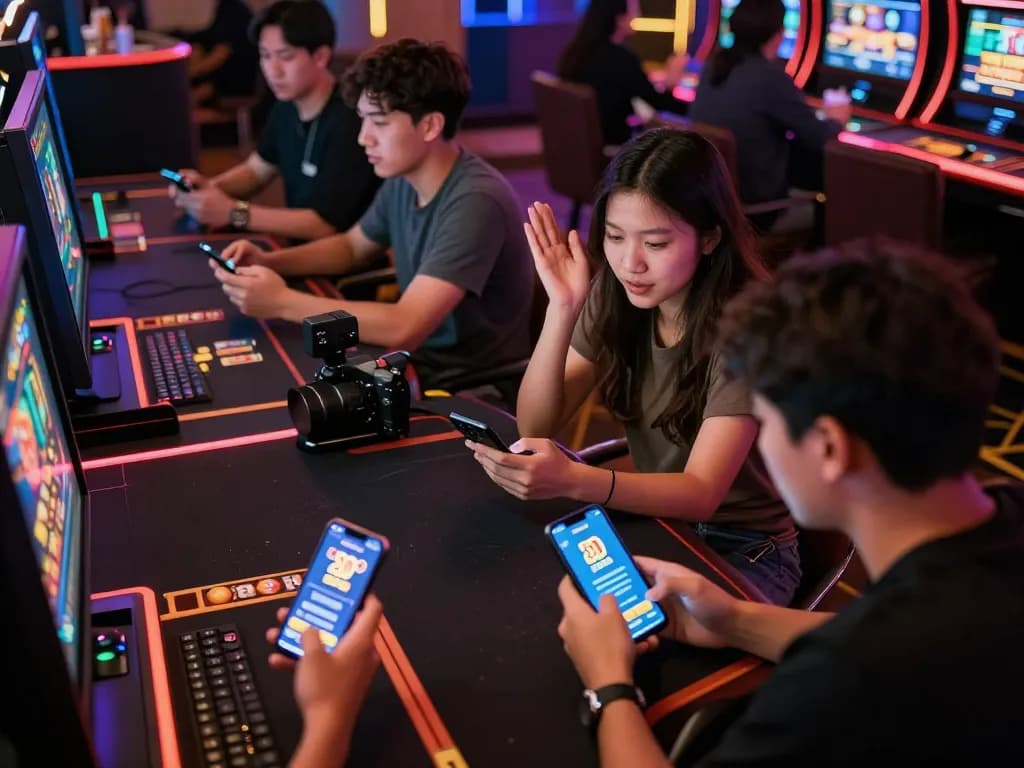 Excited players engaging with download apk slot bet 50 perak on their mobile devices in vibrant online casino