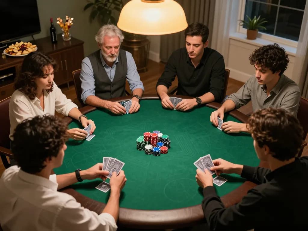 Engaging poker game at home illustrating the casual gaming scene with slot server thailand gacor strategies.