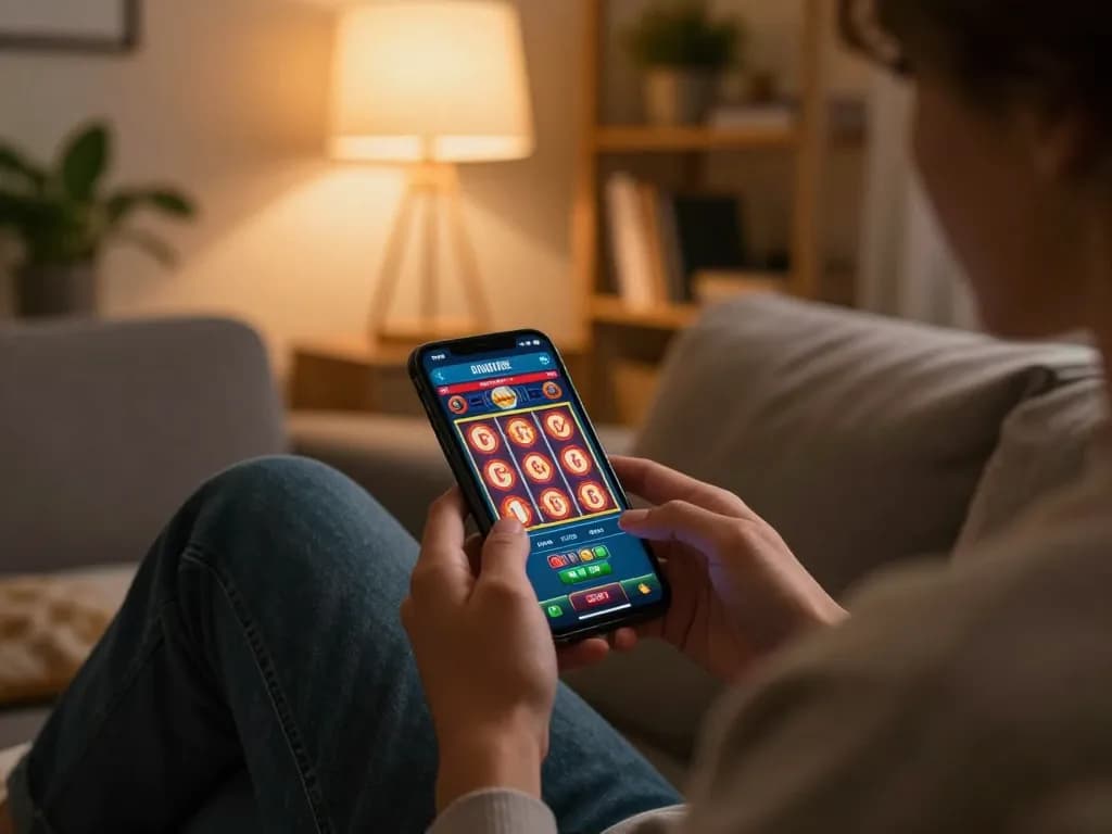 LV88 player enjoying mobile casino gaming with vibrant slots on smartphone at home.