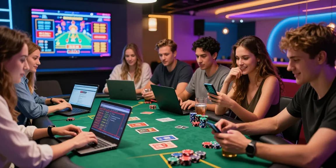 Dynamic online casino experience at https://lctltd.co.uk, showcasing friends enjoying credit card gaming with vibrant decor and gaming highlights.