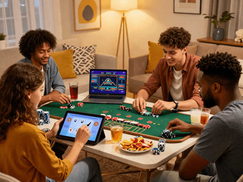 Engaging friends playing casino online blackjack in a cozy living room.