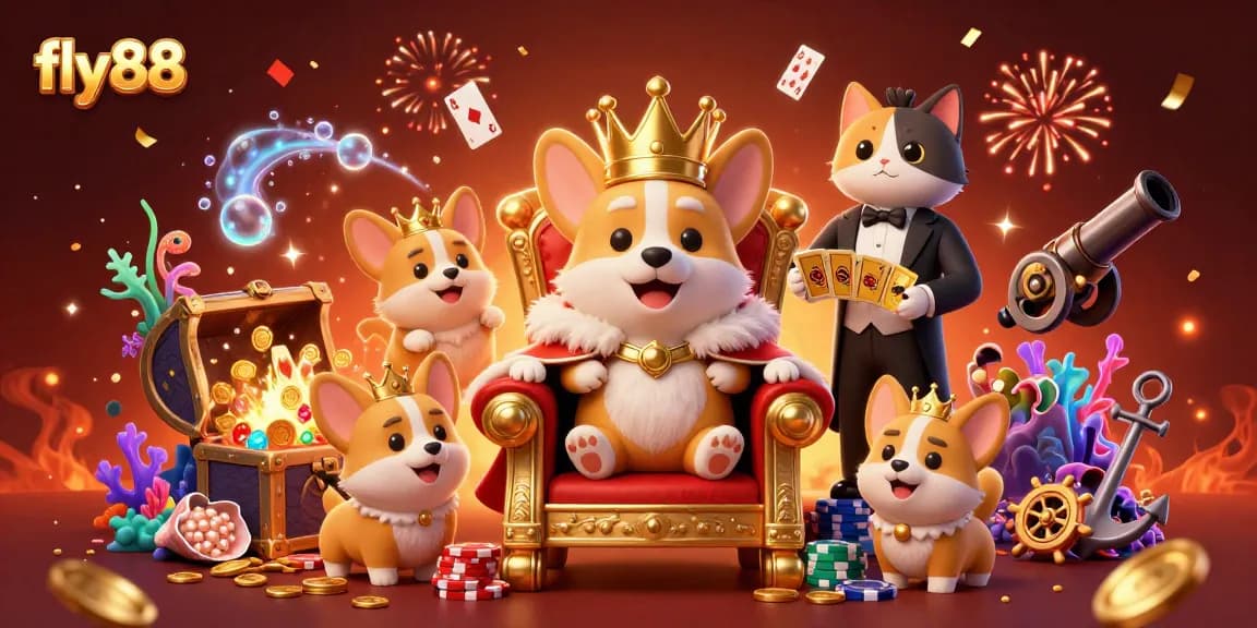 Experience the excitement of fly88 with a royal corgi on a poker chip throne amid a dazzling casino atmosphere.