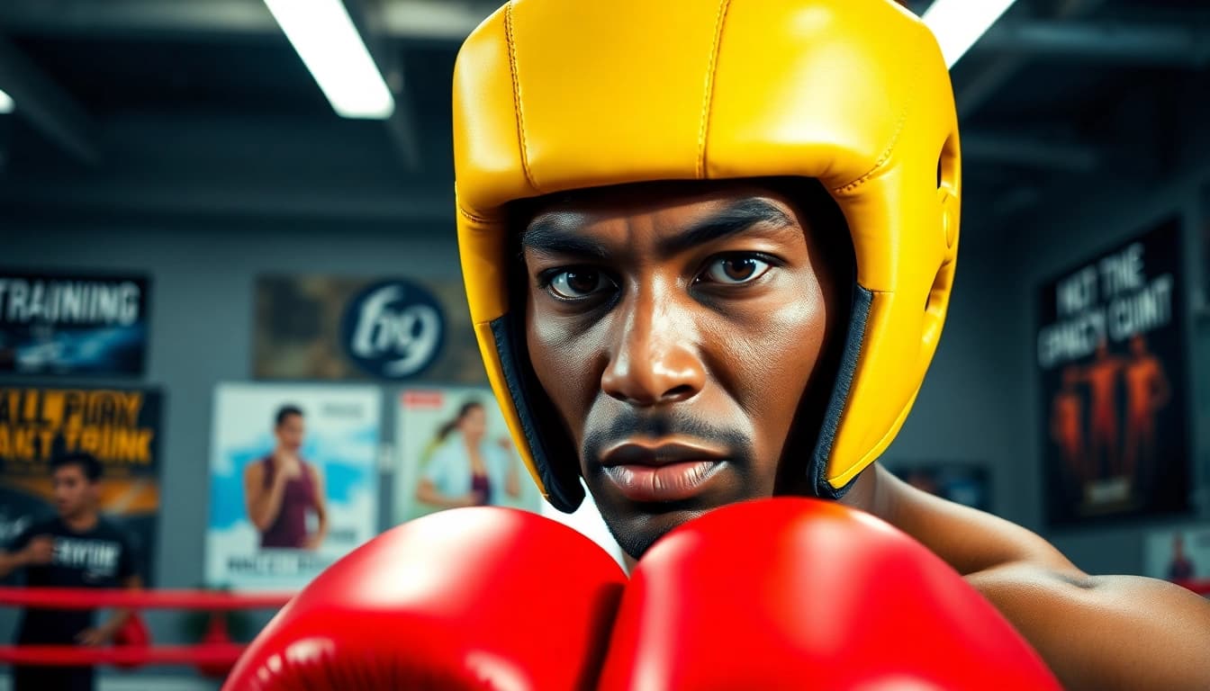 Kämpfer mit schützendem headgear boxing in einer intensiven Trainingssession, Fokus auf die Sicherheit.