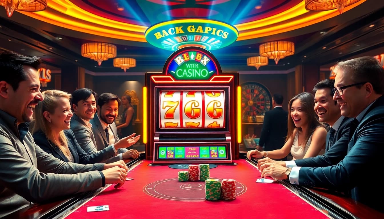 Players enjoying pg slot gaming at a vibrant casino atmosphere with colorful chips and bright lights.