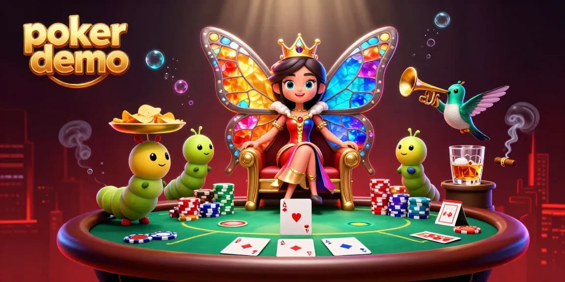 Engage with an immersive poker demo featuring unique game elements and characters in vibrant 3D illustration.