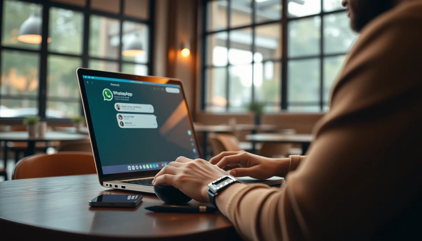 在舒适的咖啡店里，某人使用笔记本电脑上的 WhatsApp Web 的生动场景。