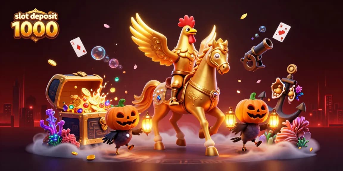 Slot deposit 1000 memikat pemain dengan ilustrasi kasino menawan yang penuh warna dan detail.