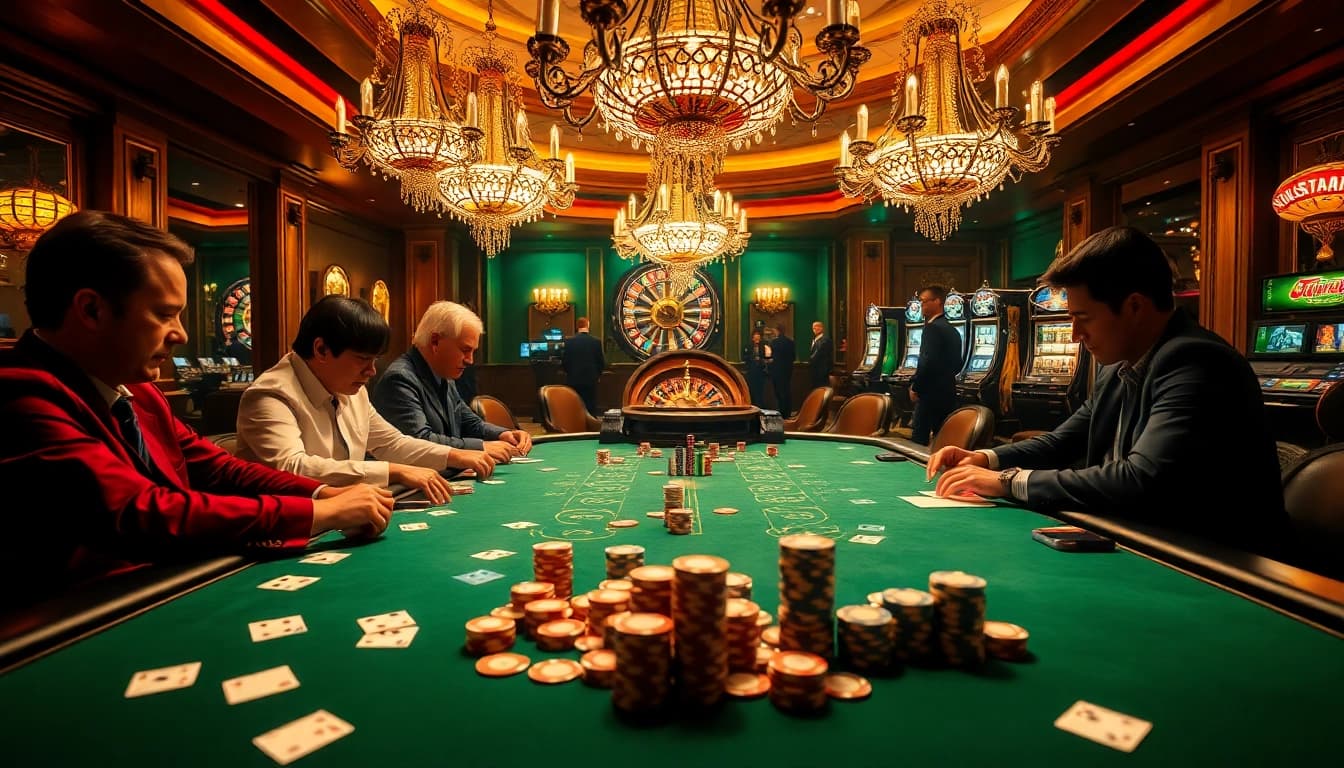 Cette scène de casino vibrante met en avant un jeu de poker associé aux casinos en ligne argent réel France, avec des jetons de poker et des joueurs intenses.