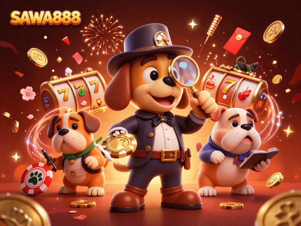 Experience thrilling gameplay at SAWA888 with an engaging 3D illustration of a detective uncovering winning poker chips amidst festive casino elements.