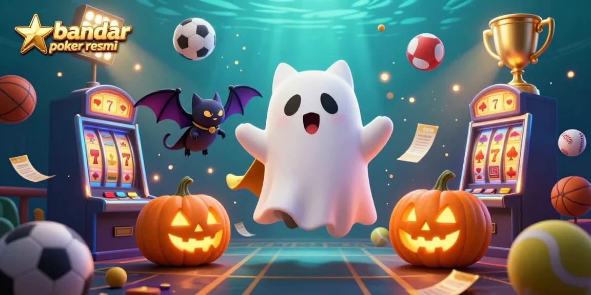 Join the fun at bandar poker resmi with a captivating casino scene featuring a friendly ghost cat and a bat!