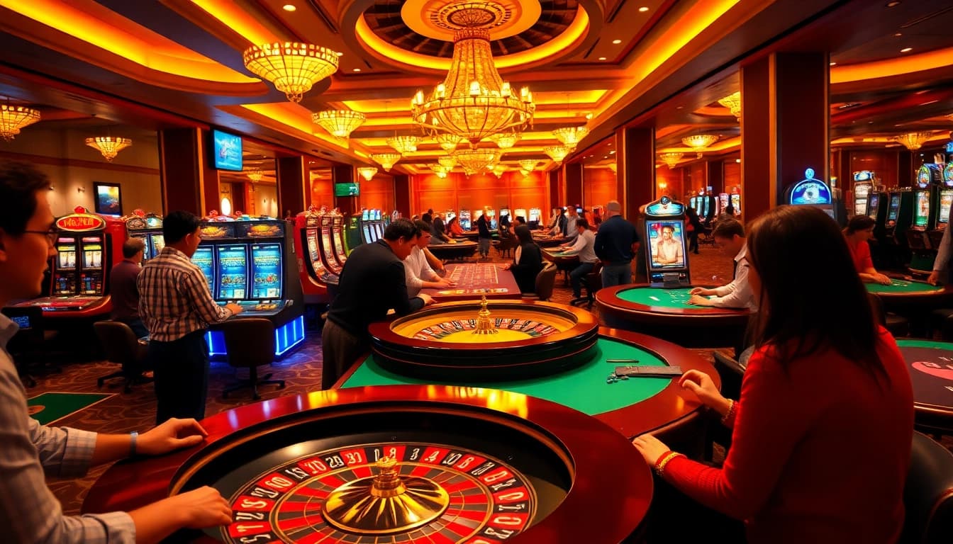 Permainan seru di Planet77 casino, dengan pemain bersemangat di meja roulette.